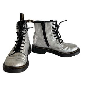 Dr. Martens Little Girl's 1460 Silver Reptile Embossed Combat Boots Size 12
